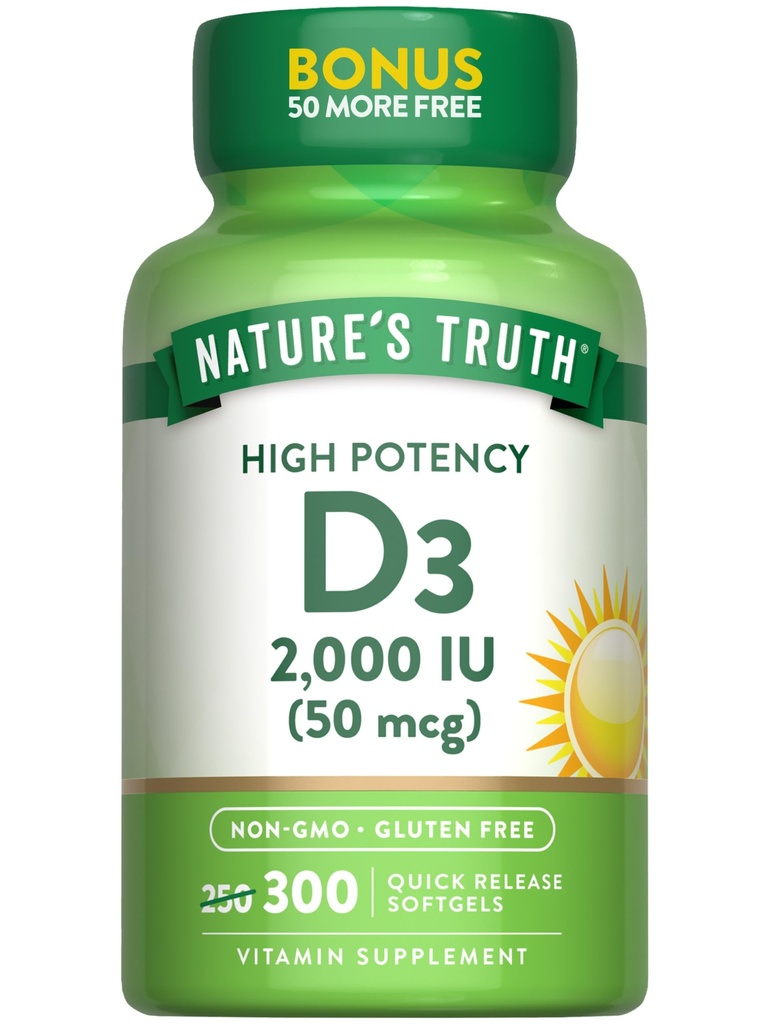 Looduse Tõde Vitamiin D3 2000 RÜ | 300 Softgels | Suure tugevusega valem | Mitte-GMO & Gluteenivaba toidulisand