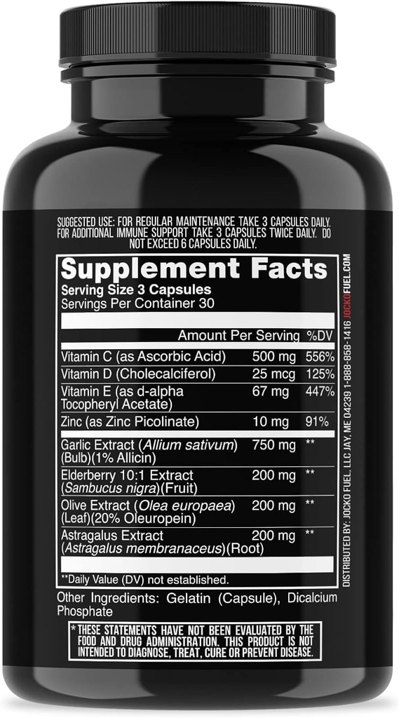 Jocko Kütuse Immune Support Supplement - Elderberry koos tsingi ja C-vitamiini täiskasvanutele - Immuunkaitse C-vitamiini, D3, Superfoods, maitsetaimed ja mineraalid (90 kapslit)