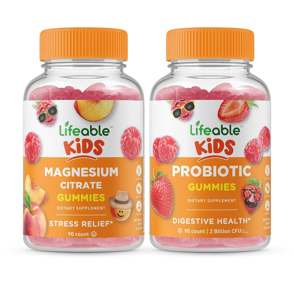 Elujõuline magneesiumtsitraadi lapsed + probiootilised 2 miljardit CFU lapsed, Gummies Bundle - suurepärane maitse, vitamiinilisand, gluteenivaba, GMO-vaba, närimiskumm