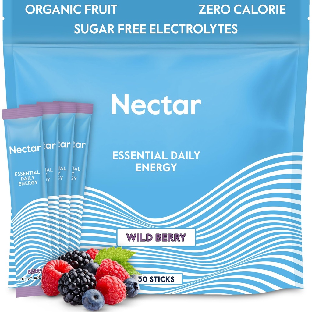 Nectar Energy Booster - Orgaaniline kofeiin, B12 ja elektrolüüdid - Suhkruvaba ja nullkalor - Tervislik kohv, energiajook ja sooda Alternatiivne - Hüdratsioon ja energialisand (Berry 30 pulbripaketid)