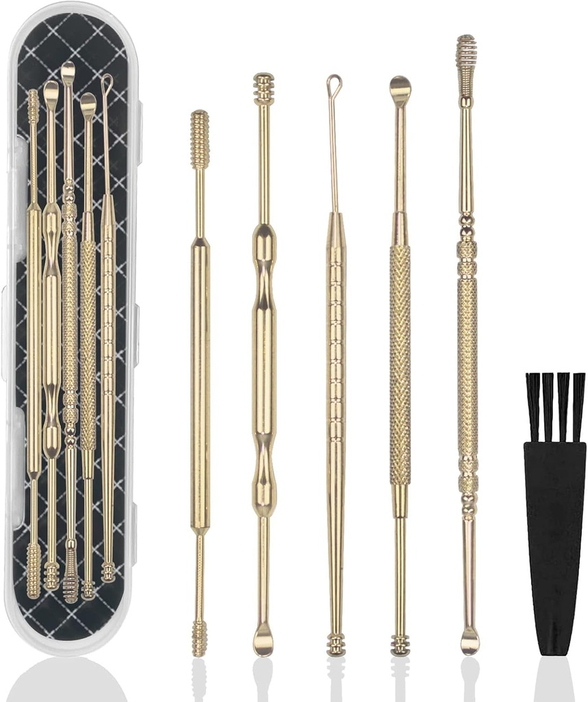 Hion 6 Pcs laiendatud kõrvavaha eemaldamise komplekt,Professional Double-Headed Ear Pick Earwax Emoval Tools, 316L Roostevabast terasest Kõrvapuhastaja Kõrva puhastaja Kõrva puhastamise ja ladustamise kast,ülikond Kid Adult (Kuld)