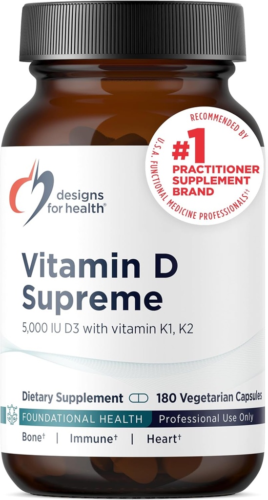 Disainid tervise D-vitamiini Supreme - Vitamiin D 5000 IU koos 2000mcg vitamiin K kui MK4 luude tervise, südame tervise, meeleolu ja immuunsüsteemi tugi - Vitamiin D3 täiustatud GG täiendada (180 kapslit)