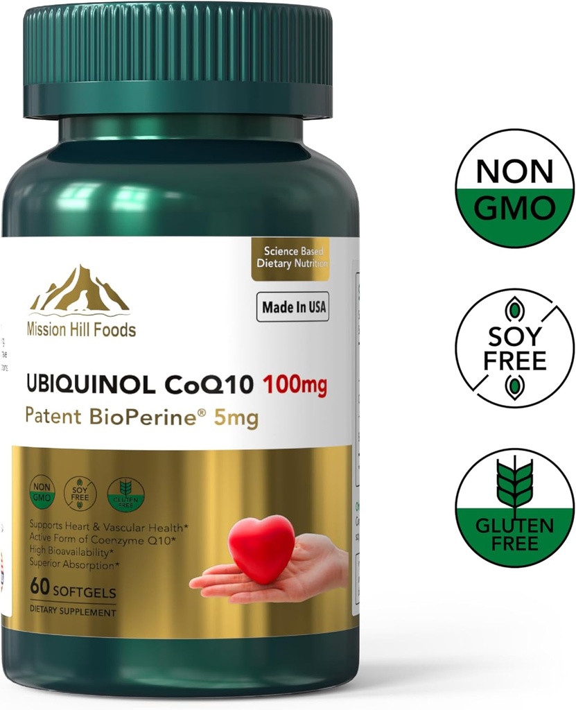 Premium Ubikinol CoQ10 + bioperiin (100mg) | südame tervise antioksüdant (1 pudel-60 Softgels-2mo Supply) | Kõrge imendumisega süda ja veresoonte vitamiinid | Mitte-GMO & Gluteenivaba