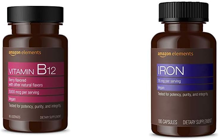 Amazon Elements Vitamiin B12 Metüülkobalamiin 5000 mcg Marja maitsestatud lozenges ja Amazon Elements Raud 18mg kapslid