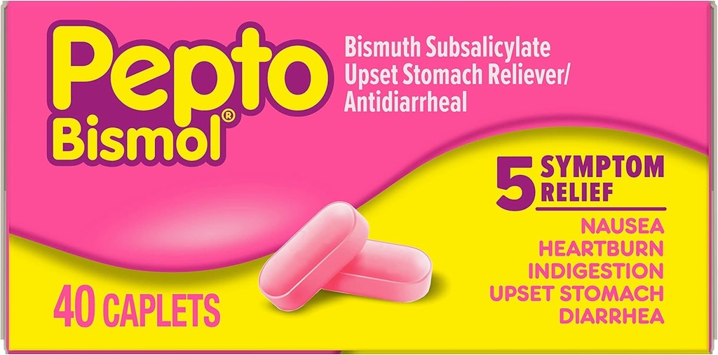Pepto Bismoli kapslid iivelduse, kõrvetiste, seedehäirete, kõhukinnisuse ja kõhulahtisuse jaoks, 5 sümptomit Kiire leevendus mugavas vormis, 40 ct