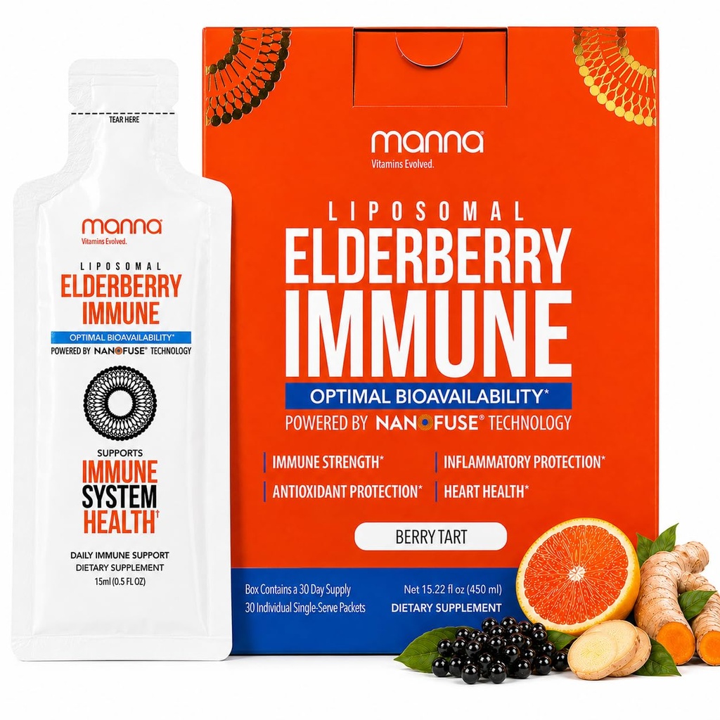 Manna Vitamiinid Arenenud Liposomal Elderberry Immune Packets, Vitamiinid C, D jne - Daily Immune Support täiskasvanutele, lastele - Sugar Free, Real Elderberry Extract, Syrup, Travel-Friendly, 15 Pack