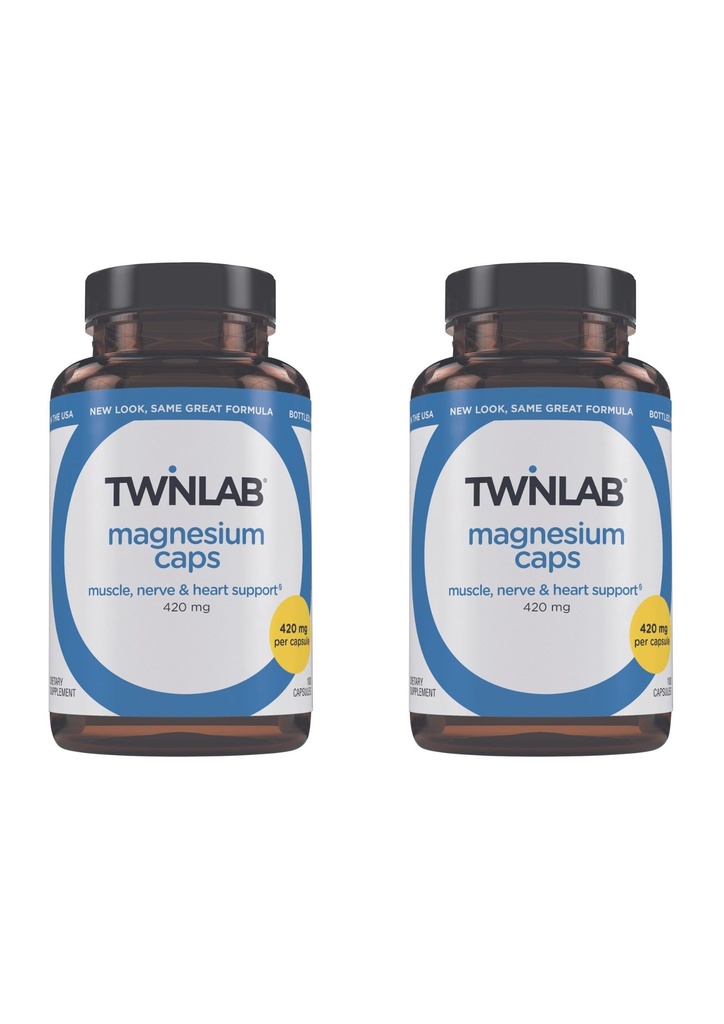 Twinlabi magneesiumkapslid - kõrge neeldumise magneesiumi lisand jalgade krampide leevendamiseks - magneesiumkapslid stressi leevendamiseks, 420 mg, 100 loend, 2 pakendit