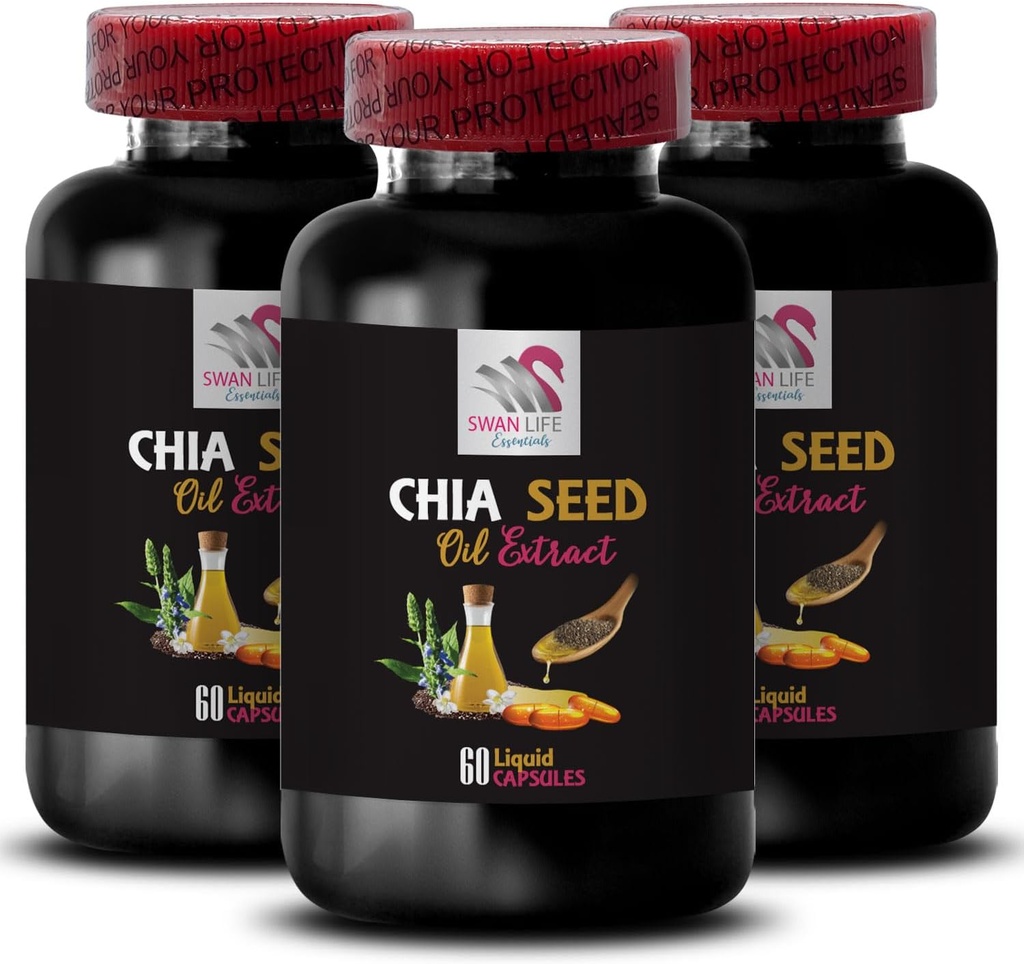 Taimne õli - CHIA SEED ÕLI EKSTRAKT - Hüdreerimisõli, rikas tekstuur, juuksehooldus, läikiv viimistlus, looduslik sära, Chia kasu, kerge tekstuur, puhas hüdratsioon, kehaõli, hõõgõli 3 pudel 180 kapslit