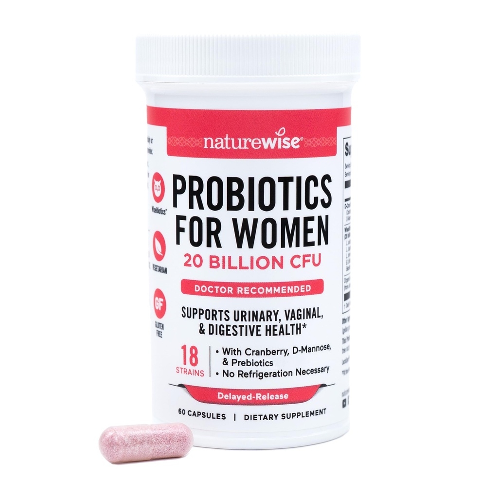 NatureWise probiootikumid naistele + orgaanilised prebiootikumid D-mannoos ja Jõhvikas - Vaginaalsed probiootikumid PH tasakaalu, seedetrakti ja kuseteede jaoks - 18 tüve, 20 miljardit CFU - 60 kapslit [60-päevane pakkumine]