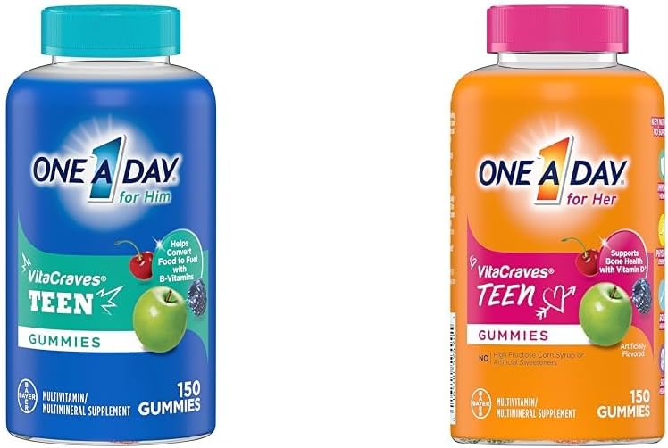 ÜHE PÄEVA Teen talle multivitamiini Gummies & Teen tema multivitamiini Gummies, Gummy multivitamiinid vitamiin A, C, D, E ja tsink immuunsüsteemi tervise toetamine, füüsiline energia ja rohkem, 150 loe