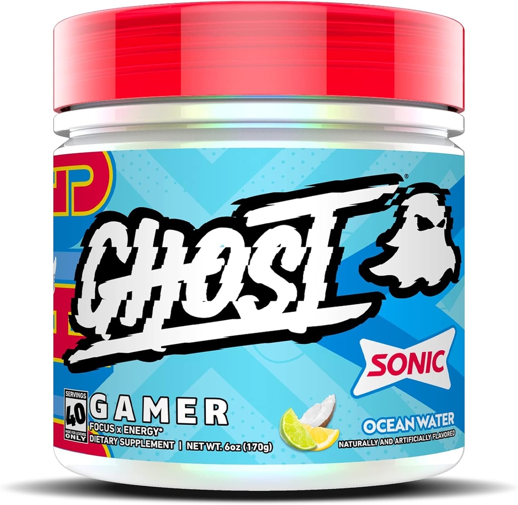 GHOST Gamer: Energy and Focus Support Formula - 40 Servings, Sonic Ocean Water - Nootropics & Natural Caffeine tähelepanu, täpsus ja reaktsiooniaeg - Vegan, Gluteenivaba