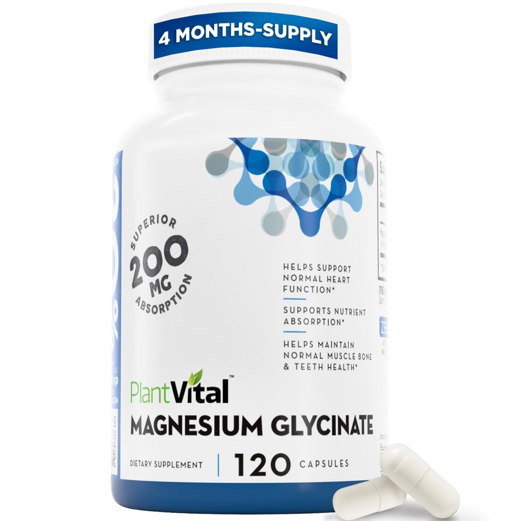 PlantVital Magneesium Glycinate 200mg 120 Kapslid - kõrge imendumine, mitte-GMO, vegan, gluteenivaba - toetab normaalset und, lihaste ja närvide funktsiooni, normaalset südame ja luude tervist, aitab tunda rahu ja lõõgastuda