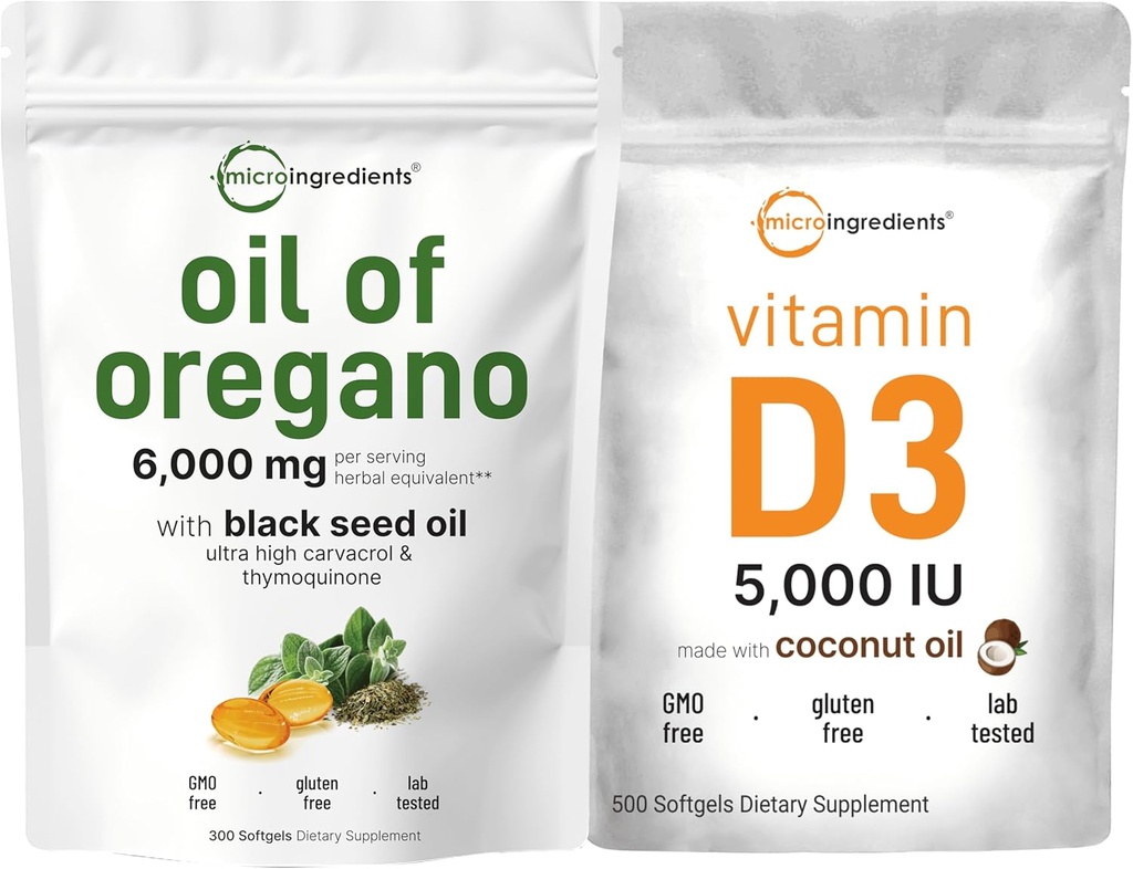 Mikrokoostisosad Oregano Softgelsi õli 6000 mg Serving & Vitamiin D3 5000 RÜ Komplekt | 4X Tugevuskarvakrool & Tümokinoon | D-vitamiin kolekaltsiferoolina