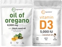 Mikrokoostisosad Oregano Softgelsi õli 6000 mg Serving & Vitamiin D3 5000 RÜ Komplekt | 4X Tugevuskarvakrool & Tümokinoon | D-vitamiin kolekaltsiferoolina