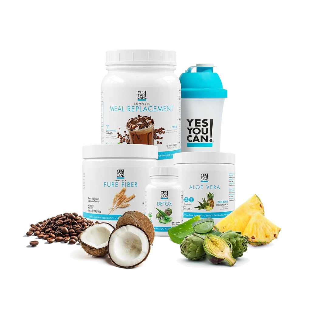 Jah, saate! Detox Plus Kit, igapäevane puhastamine puhta kiudainega toidu asendamine, joogisegu, raputamise võimendaja ja täiendus, keha puhastuskomplekt naistele, igapäevane süsteemi puhastamine - kohv, Aloe Vera Hibiscus