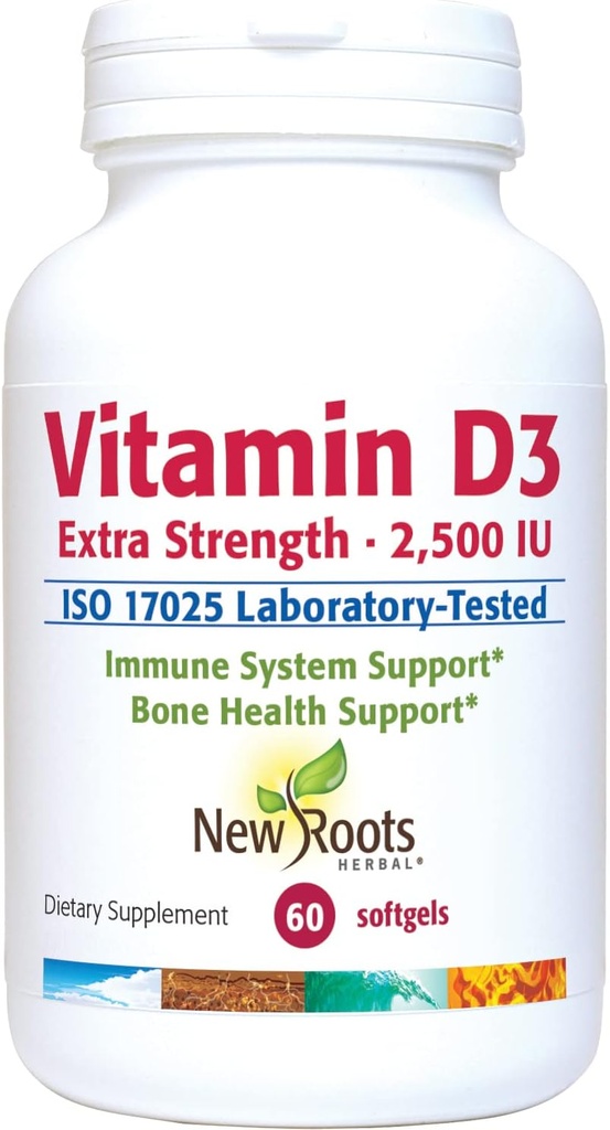 UUED juured HERBAL vitamiin D3 2500 RÜ (62,5 mcg) | Tervislik lihaste funktsioon | Immuunsüsteemi tugi | Mitte-GMO & Gluteenivaba (60 Softgels)