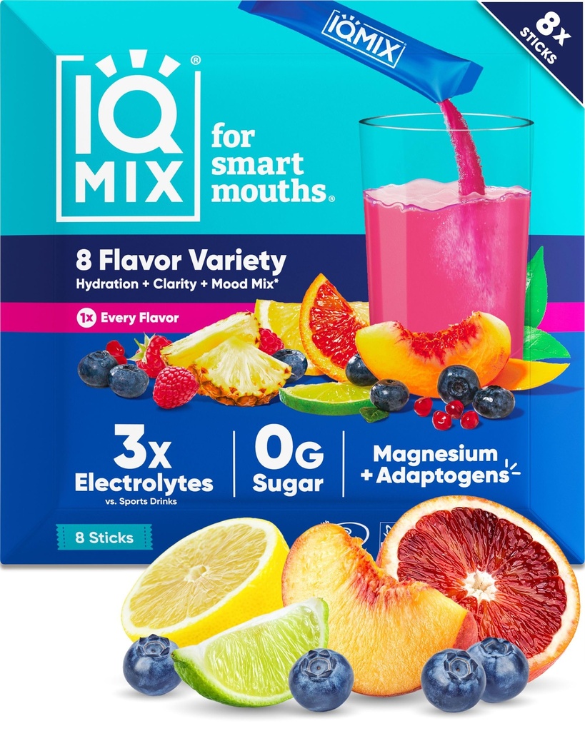 IQMIX Hüdrolüüsi elektrolüütide pulber - 4-in-1 valem hüdratsiooniks, vaimseks selguseks, meeleoluks ja taastumiseks - suhkruvaba, Keto Joogi Segu Magneesium L-Threonate & Lion's Mane - 8-Count Sampler (kõik maitsed)
