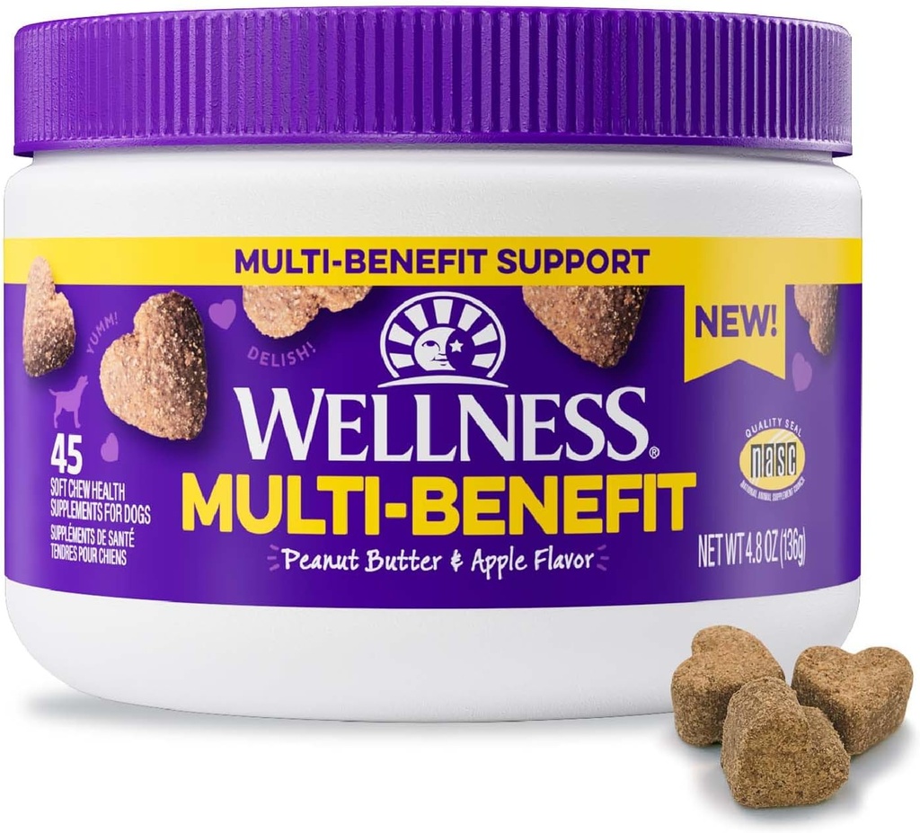 Wellness Maapähklivõi ja õunamaitselised pehmed närid Multi-Benefit toidulisandid koertele, 45 Count