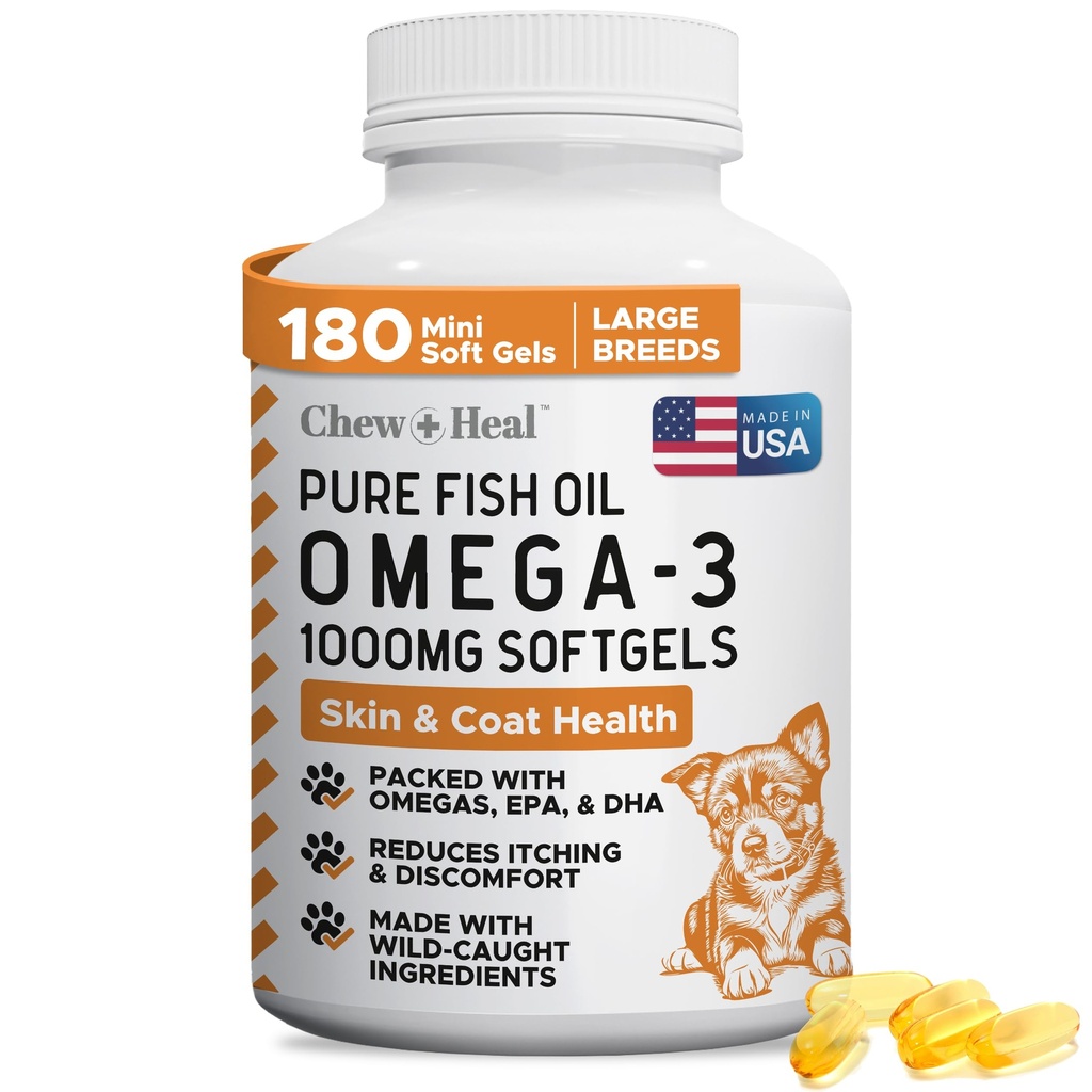 Wild Caught Omega 3 kalaõli koertele - 180 Softgel kapslid terve naha ja kate - suur 1000 mg koer kalaõli pillid heitmiseks, kuiv sügelev nahk ja kuumad kohad - Pet Omega Salmon Supplement
