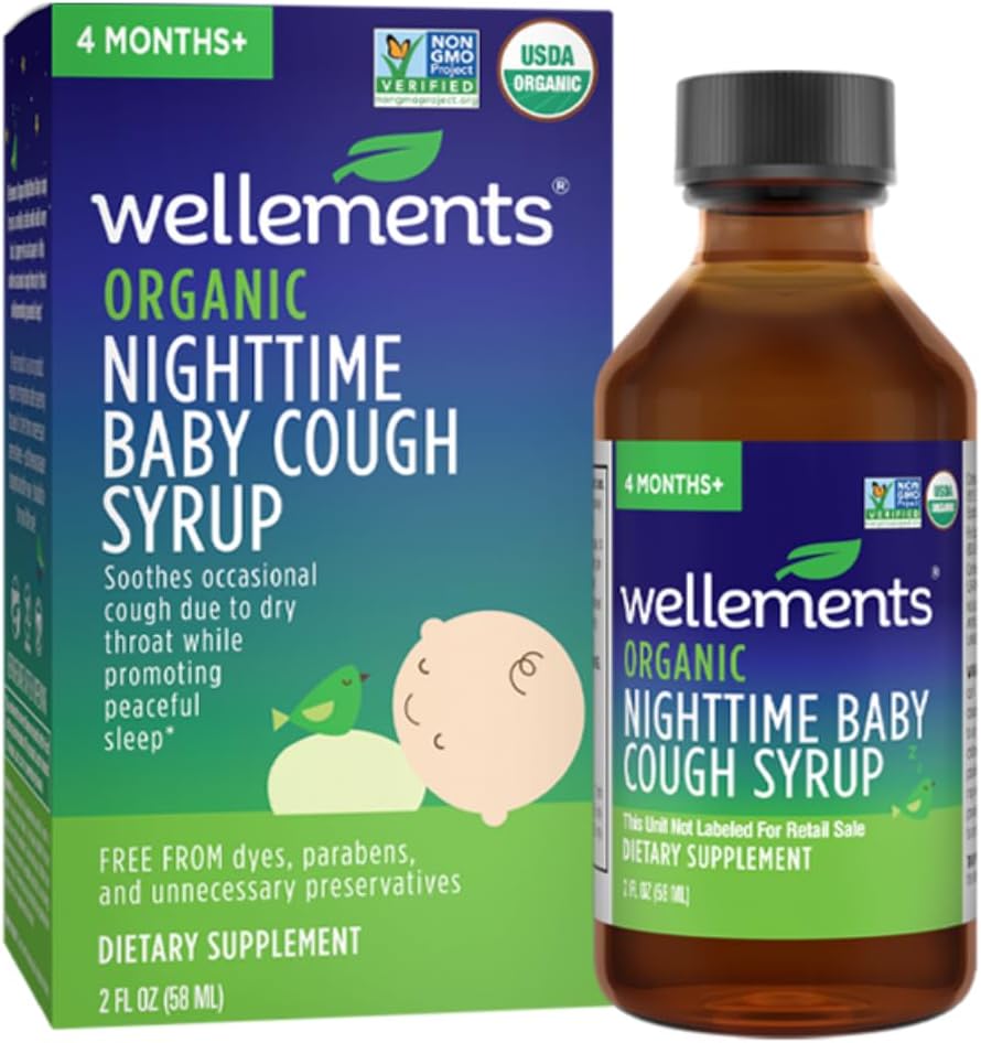 Wellements Organic Nighttime Baby Cough Syrup | Soothes Ajutine köha tõttu kuiv kurk, edendades rahulikku öö une *, USDA Organic | 2 Fl Oz, 4 kuud +