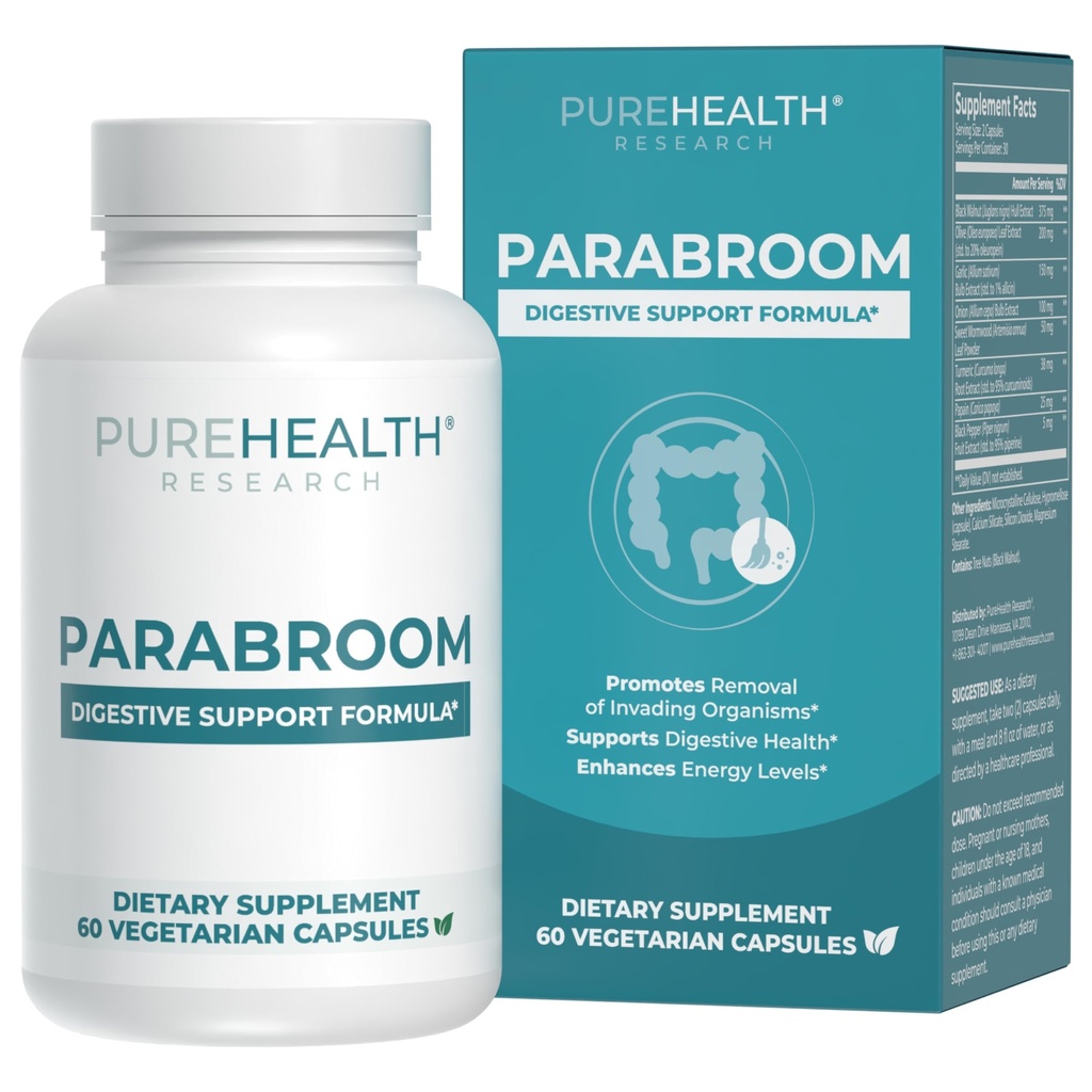 PUREHEALTH TEADUSUURINGUTE Parabroom - soolestiku puhastamine ja tervise täiendamine - musta kreeka pähkliga, Sweet Wormwood pulbriga, kurkumiekstraktiga, oliivilehega, küüslaugu ja sibulaga - seedetrakti tugi naistele ja meestele 60 kapslit
