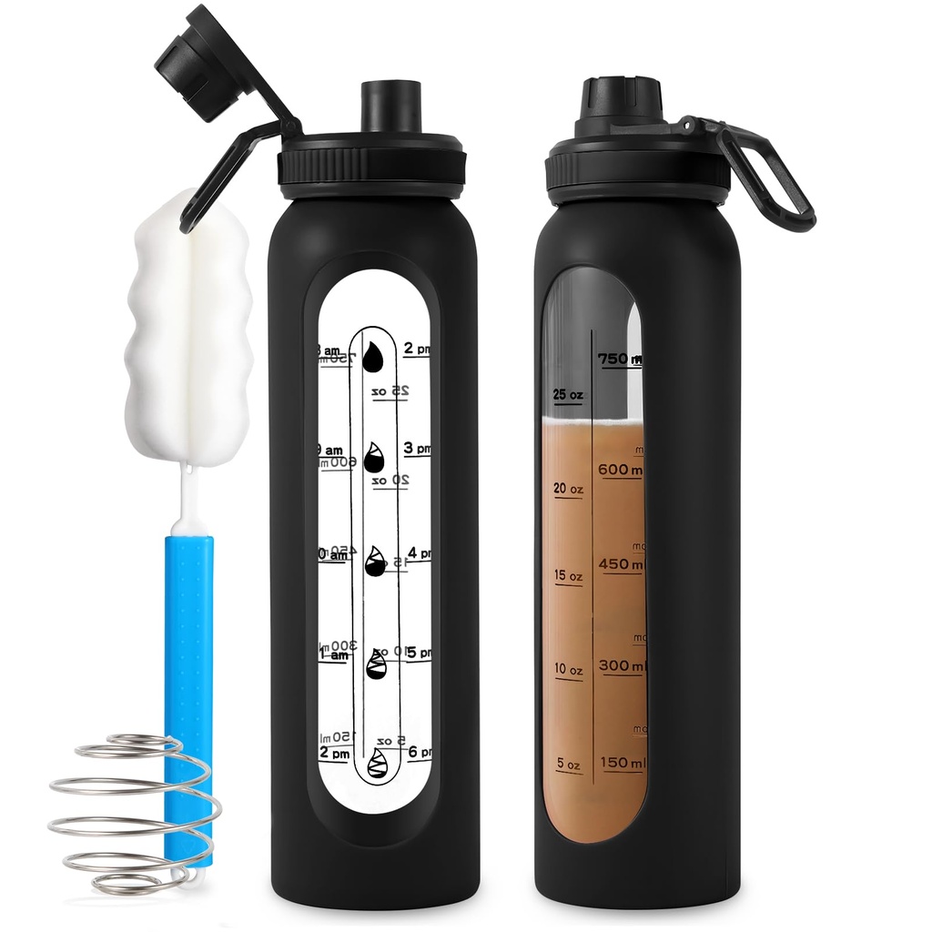Klaasist loksuti pudel 34oz/1L Must klaasvalk Shaker pudel koos Shaker Ball Suured raputuspudelid valgu segud kaasaskantav pulber Mixer Blender veepudel jõusaali treeningu sport