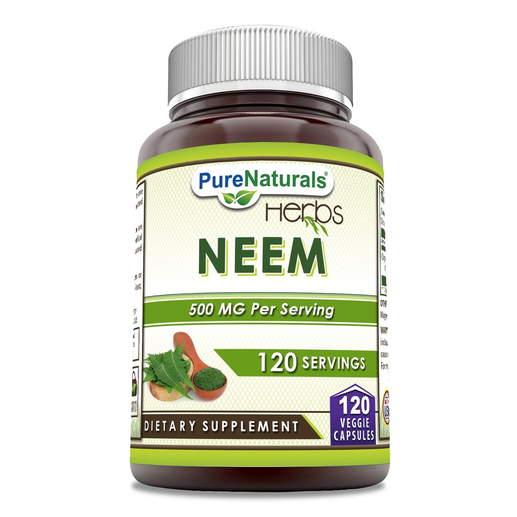 Pure Naturals Neem (Made with Natural Neem Leaf) | 500mg 120 Veggie kapslid Supplement | Non-GMO | Gluteenivaba | Valmistatud USA | Ideaalne taimetoitlastele