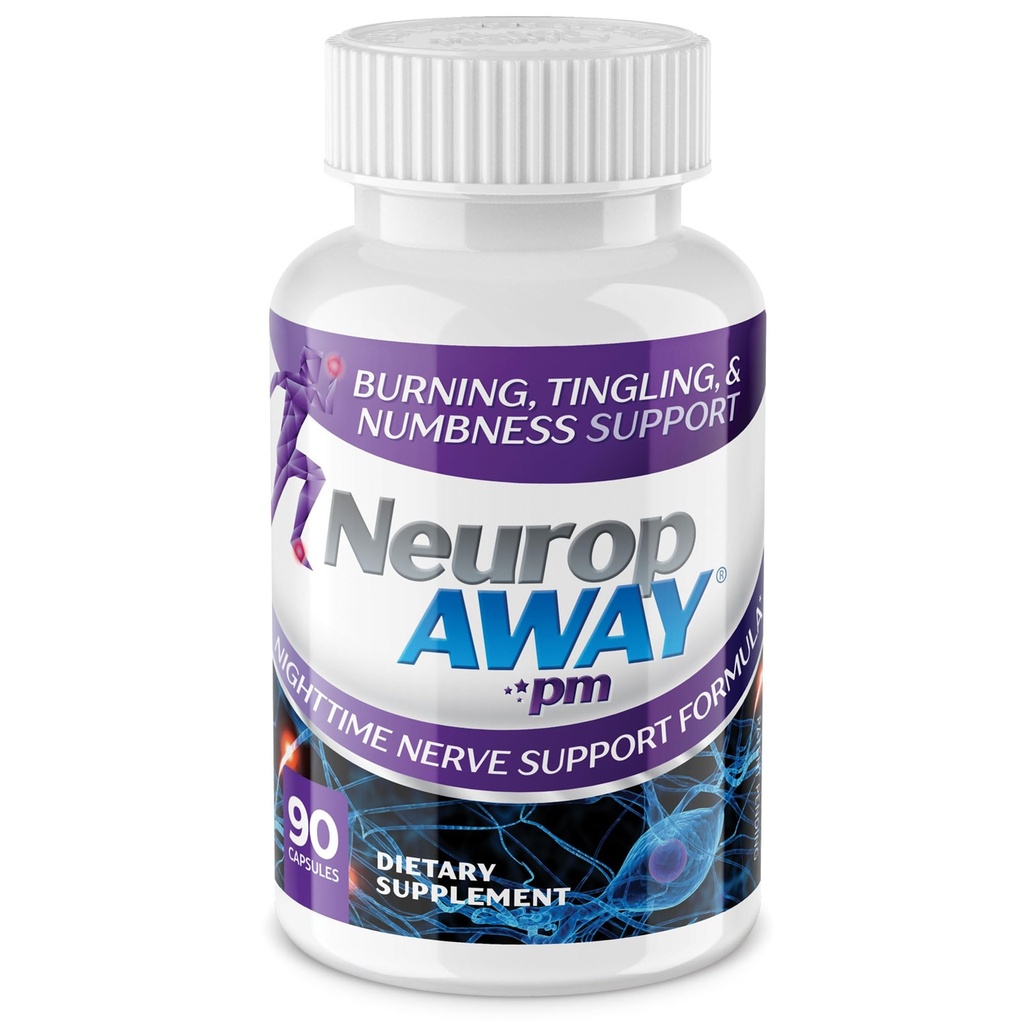NeuropAWAY Närvisüsteemi tugi PM, koos R-Alpha Lipoic happega, mis aitab anda närvikahjustust nii vähe kui 5 päeva, atsetüül-L-karnitiin, Theanine, melatoniin ja metüülkobalamiin, 90 kapslit