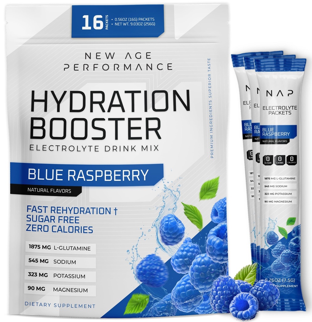 New Age Performance Hydration Packets, Electrolytes Powder Vedel Enhancer for Dehüdration Relief, L-Glutamiin Aminohapped lihaste treeningu taastamiseks, Suhkruvaba & 0 Kalorit, 16 Pack (sinine vaarika)