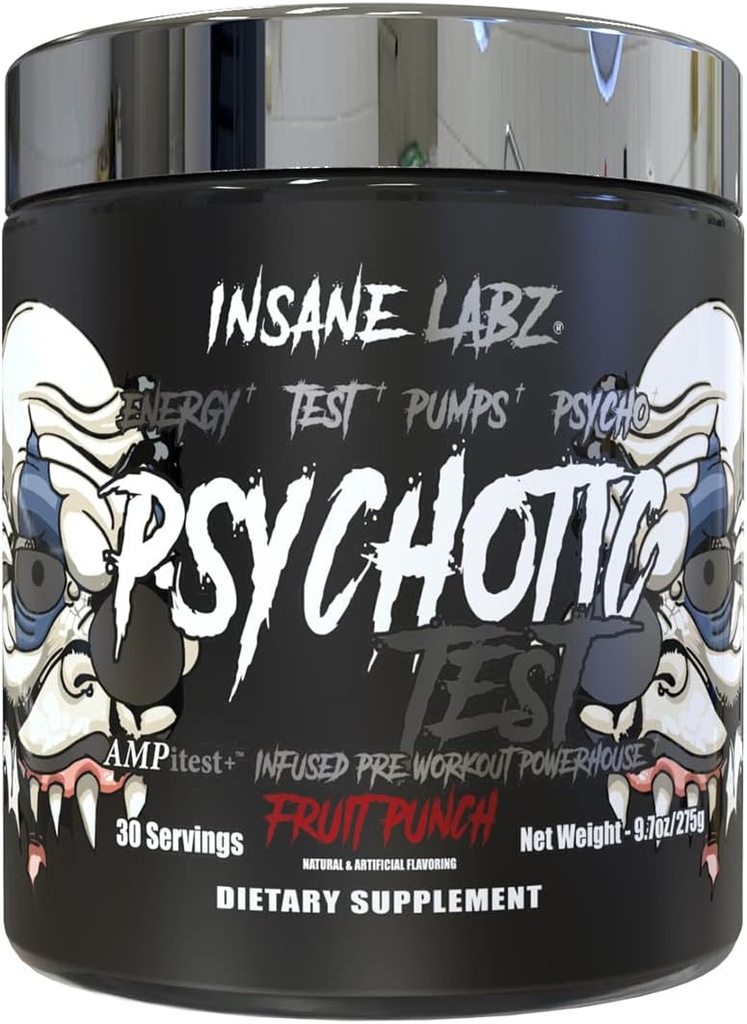 Insane Labz Psychotic Test, High Stim Testosterone Energy ja Pump Boosting Pre-Workout Pulber DMAE Bitartraat, D asparagiinhape, Kreatiin HCL ja glütserool monostearaat, 30 Servings, Fruit Punch