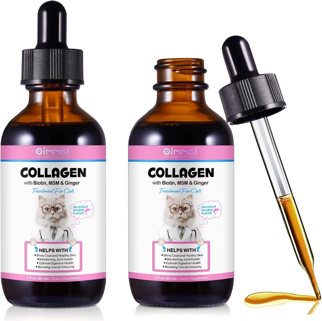 Kasside kollageen, kasside kollageen Vedelad tilgad biotiiniga, MSM & Ingveri Seedetrakti & Immuunsuse tugi, Itch Relief, Naha & Coat ja liigeste tervis, Kassi täiendus 60 ml -2 tk