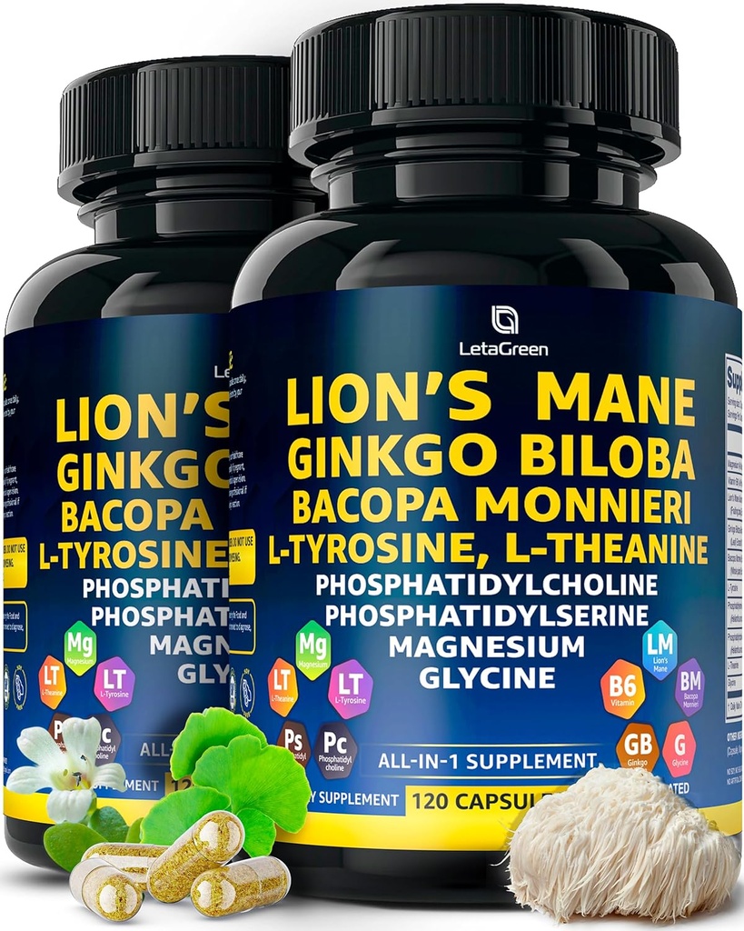 Orgaaniline Lions Mane Supplement kapslid - 240 Real Seened Lõvi Mane kapslid Ginkgo Biloba Herb, Bacopa Monnieri, L Theanine, L Tyrosine - Seenekompleks igapäevaseks heaoluks