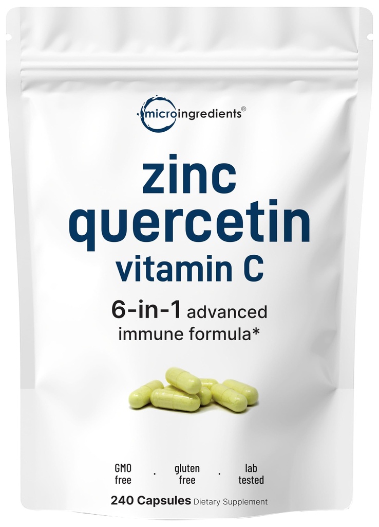 Mikrokoostisosad Quercetin koos C-vitamiini ja tsingiga, 240 kapslit | Quercetin 500mg, C-vitamiin 500mg, tsink 50mg (pikolinaat, tsitraat, glütsinaat, glükonaat) | Täielik immuunsuse tugi