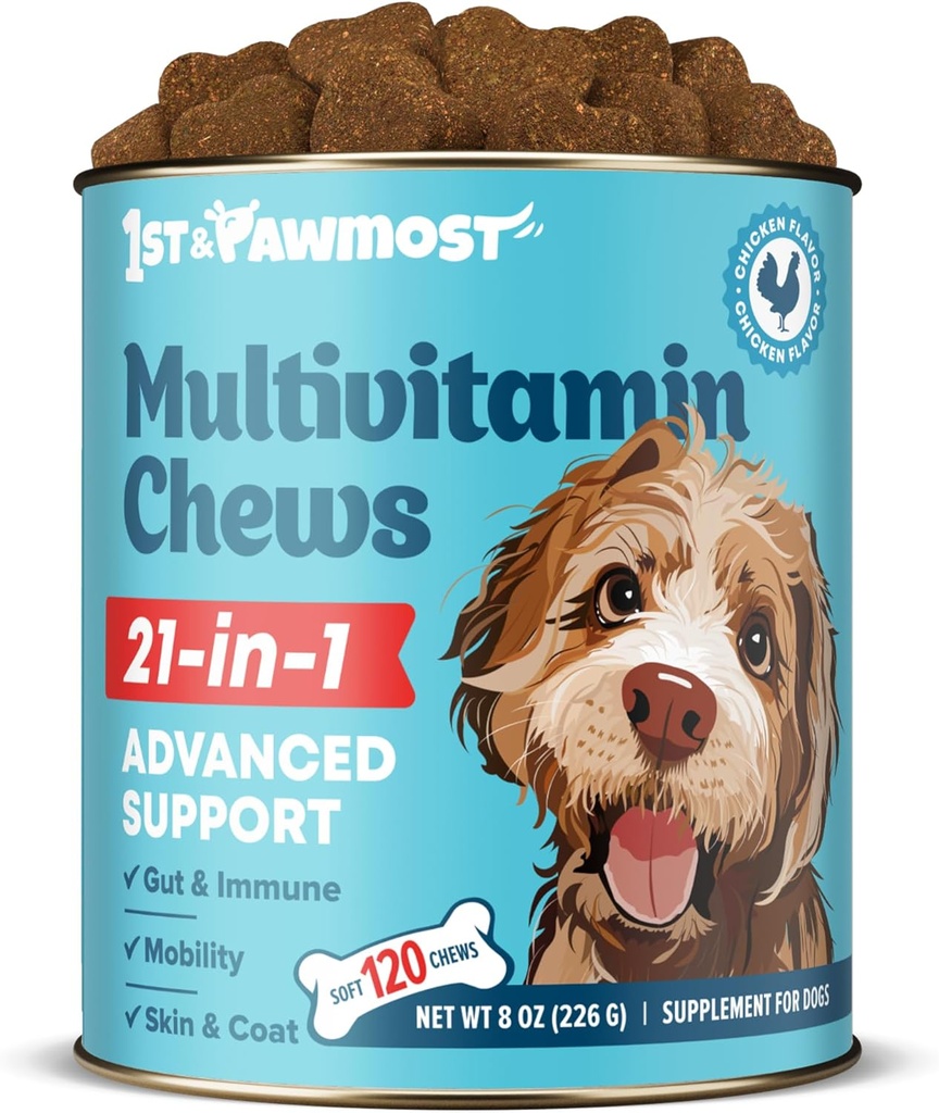 21-in-1 koera multivitamiinid - koerte vitamiinid ja toidulisandid vanematele koertele ja kutsikatele - koertele mõeldud multivitamiinid naha, karva, südame, immuunsuse toetamiseks - koerte multivitamiinid närimiseks ühiseks toetuseks -120 tk