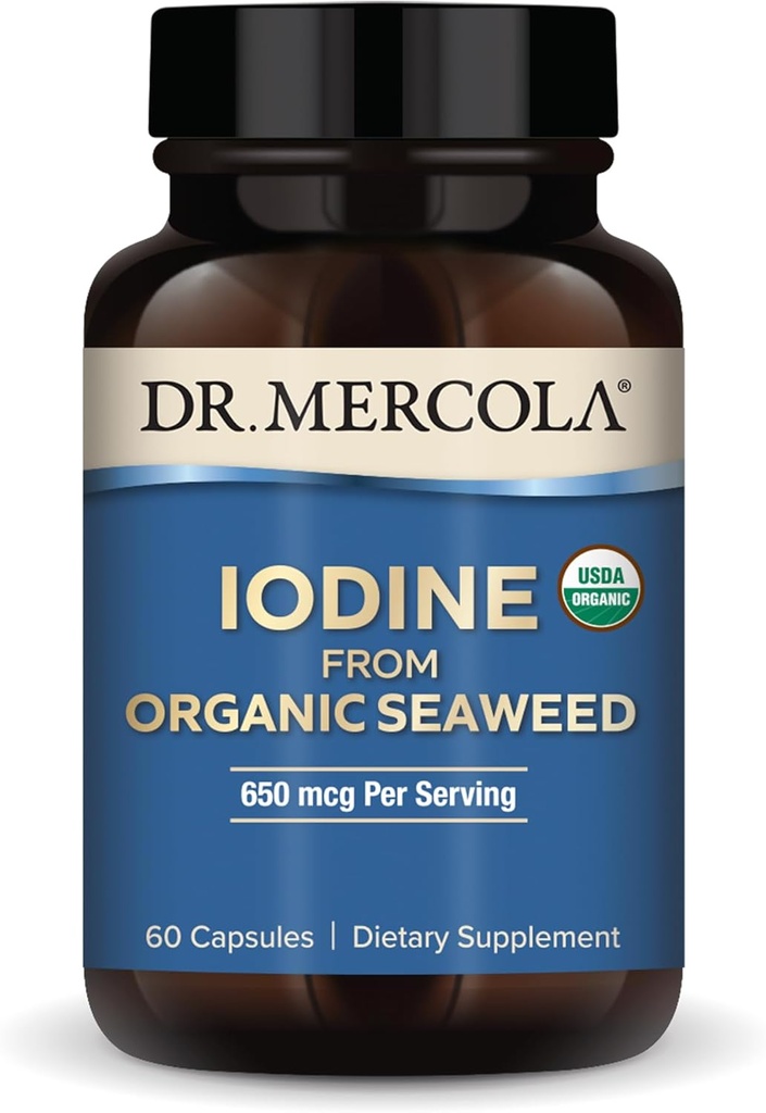 Dr Mercola jood orgaanilistest merevetikatest, 650 mcg per Serving, 30 serveerimist (60 kapslit), toidulisandit, kilpnäärme ja energia toetust, mitte-GMO, USDA orgaanilist