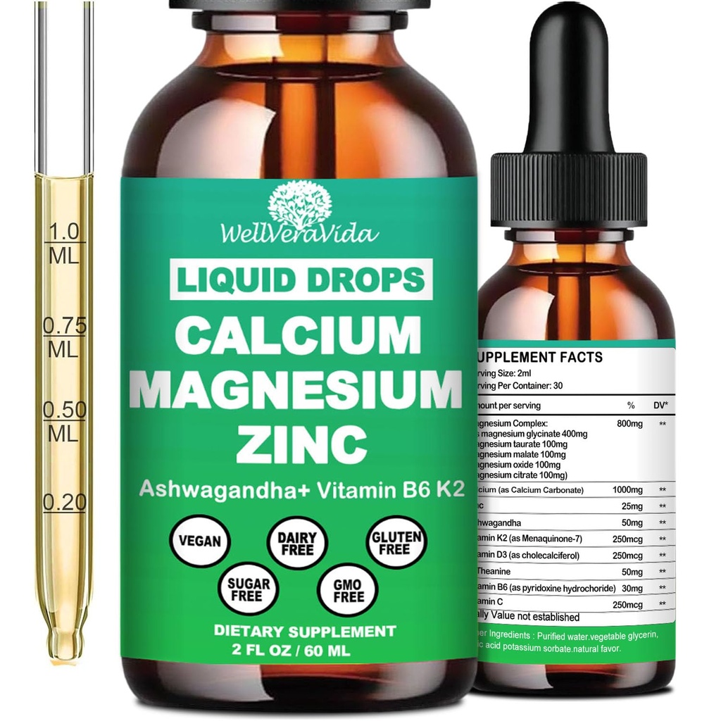 Kaltsium Magneesium Tsink Vedel tilgad vitamiin D3 K2, suure tugevusega Kaltsium Magneesium Lisand w / Magneesium Kompleks, Tsink, Theanine 丨 Gluteen Vaba 丨 Immuunsüsteemi, Luu, Lihaste, Mood & Sleep Support