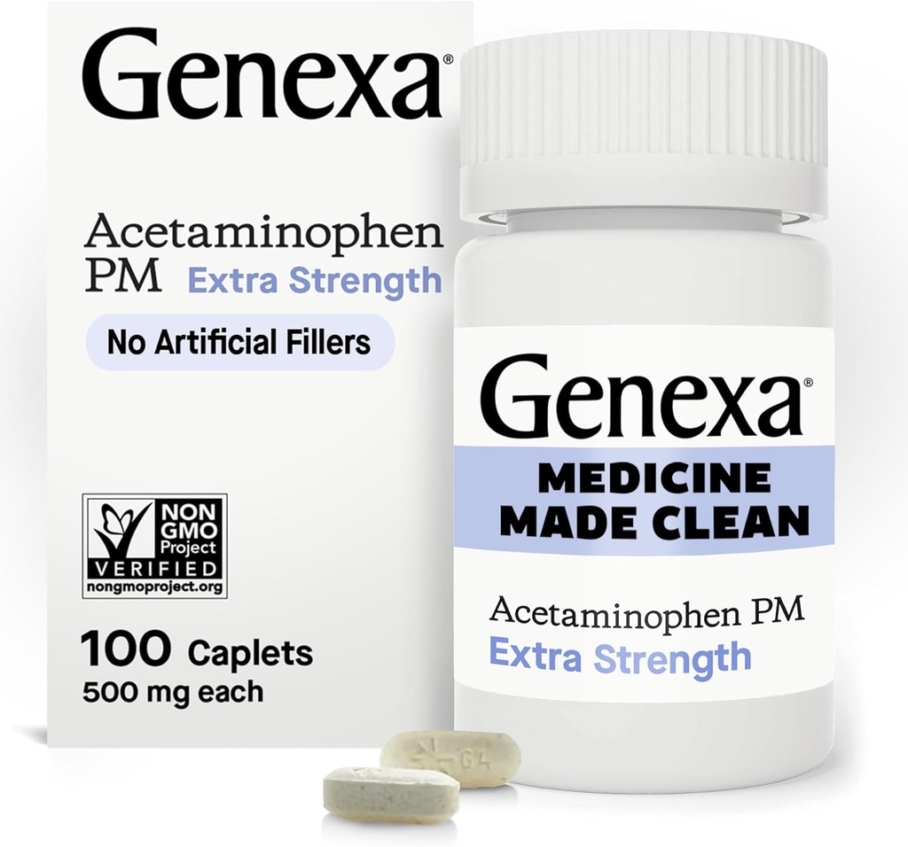 Genexa puhas atsetaminofeen PM 500mg ekstra tugevus, värvi vaba valu leevendaja, öine uneabi, palaviku vähendaja, 0% kunstlikud lisandid, leevendab peavalu, seljavalu, väike artriit valu, 100 tabletti