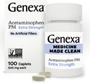 Genexa puhas atsetaminofeen PM 500mg ekstra tugevus, värvi vaba valu leevendaja, öine uneabi, palaviku vähendaja, 0% kunstlikud lisandid, leevendab peavalu, seljavalu, väike artriit valu, 100 tabletti