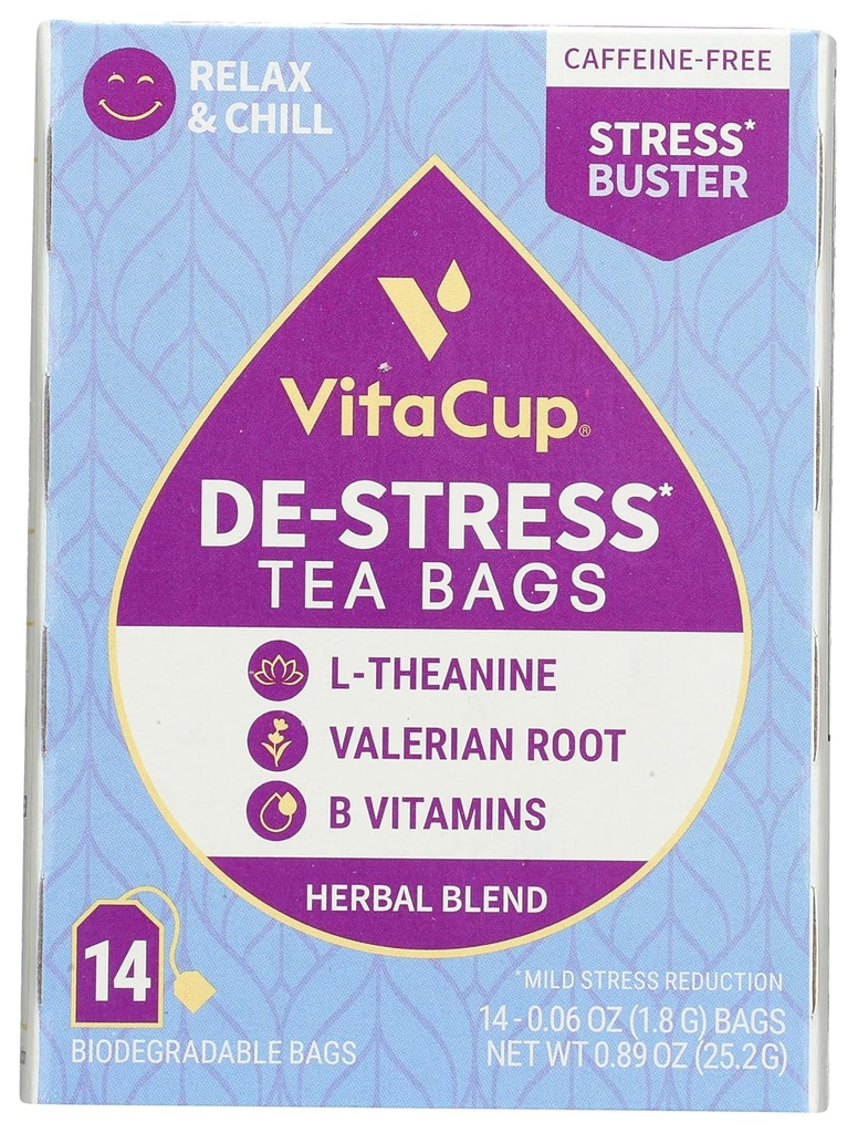 DeStress Taimse Tee kotid VitaCup, Relax & Chill w/Chamomile, L-Theanine, Valerian Root & B vitamiinid, Kofeiinivaba ühe Serv Wellness Tee Sachet Bag, 14 ct