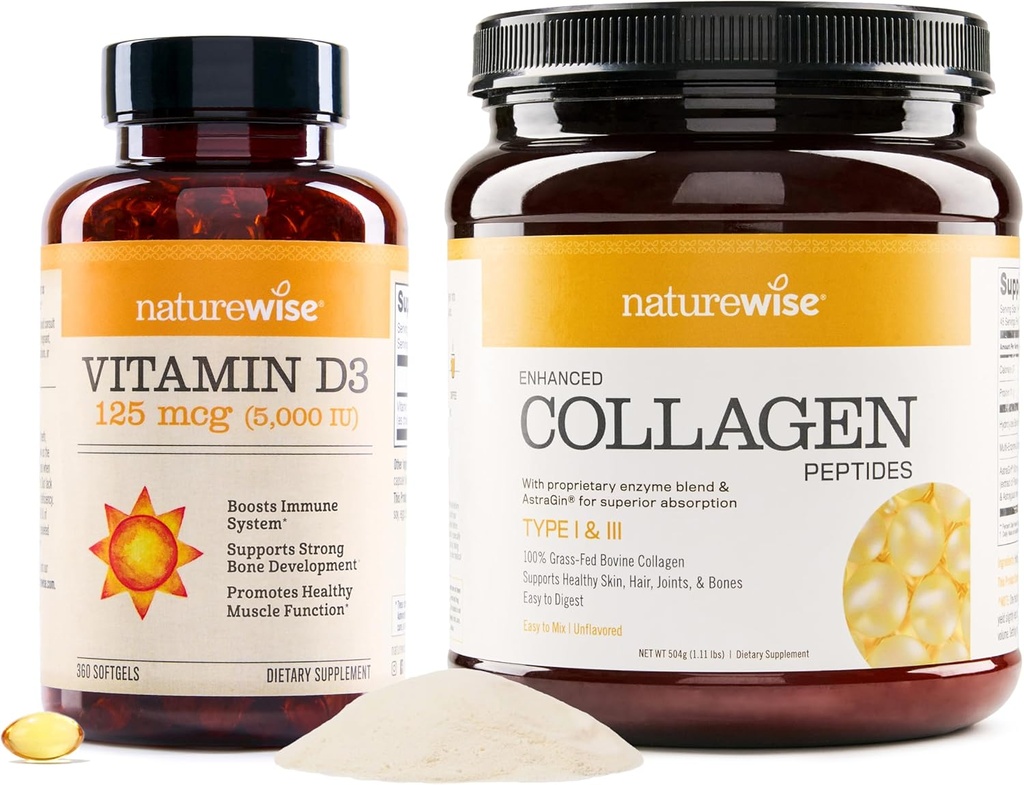 NatureWise Vitamiin D3 5000iu (125 mcg) 1 aasta pakkumine tervisliku lihasfunktsiooni täiustatud kollageenpeptiidid (45 serveerimist) - hüdrolüüsitud tüüp I & III