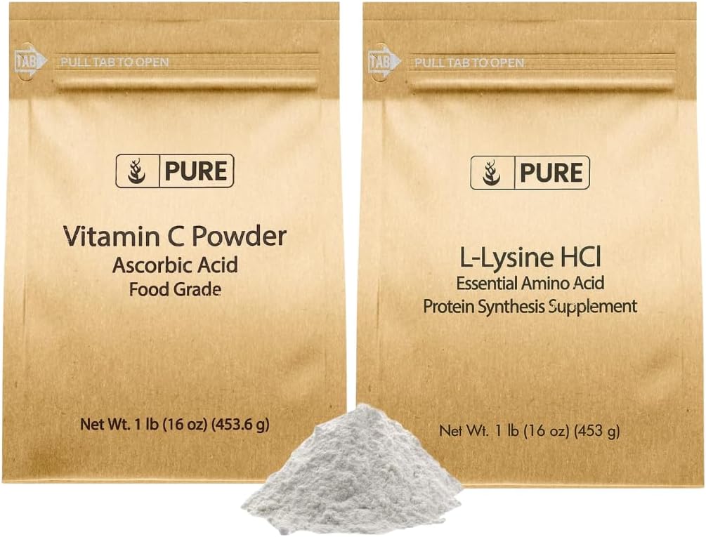 Puhtad ORIGINAALSED KOOSTISOSAD L-Lüsiin HCI ja Vitamn C pulbrikomplekt, 1 lb igaüks, mitte-GMO, gluteenivaba, toidulisandid