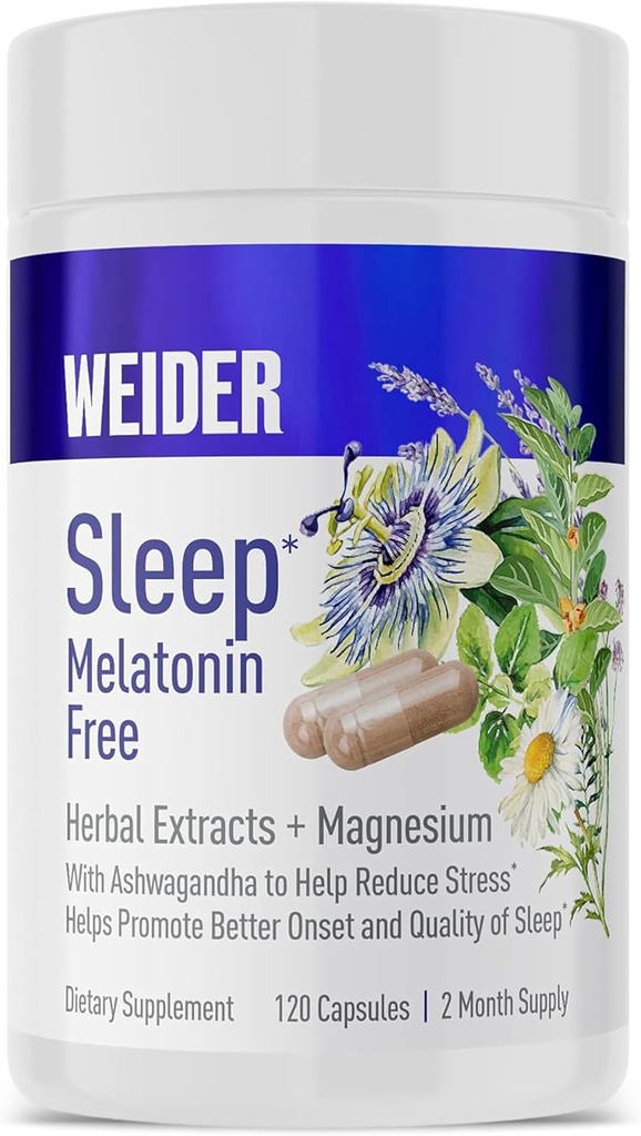 Weider Melatoniini tasuta uneabi täiendus koos KSM-66 Ashwagandha, Magneesium, Lavendel, Sidrun Balm, Kummel, Valerian ja Passionflower ekstraktid, Hormoon ja narkootikumide vaba, non-Habit Forming, 120ct