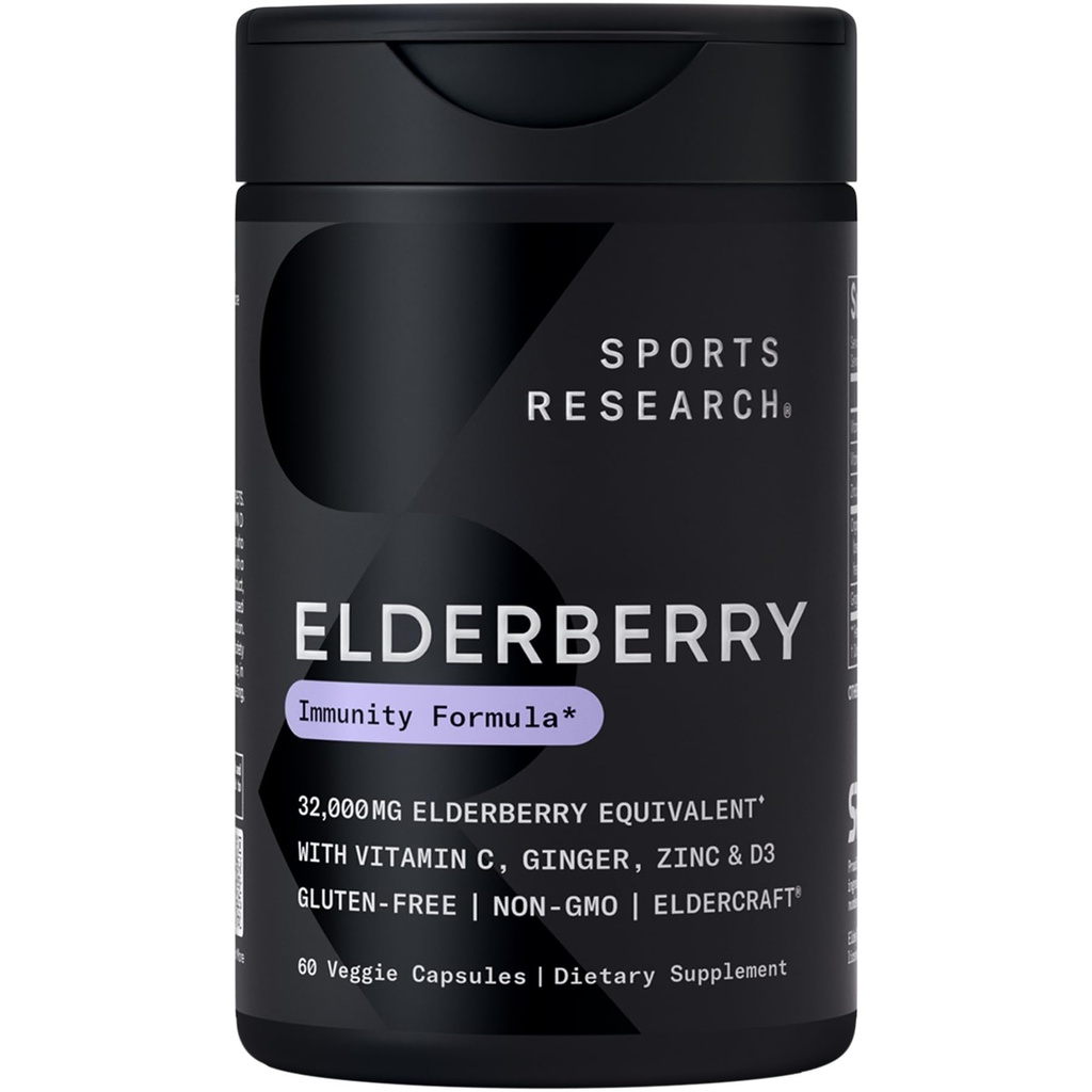 Sport Research Black Elderberry koos tsingi, C-vitamiini ja D-vitamiiniga, täiskasvanutele mõeldud immuuntoetus, 60 kapslit