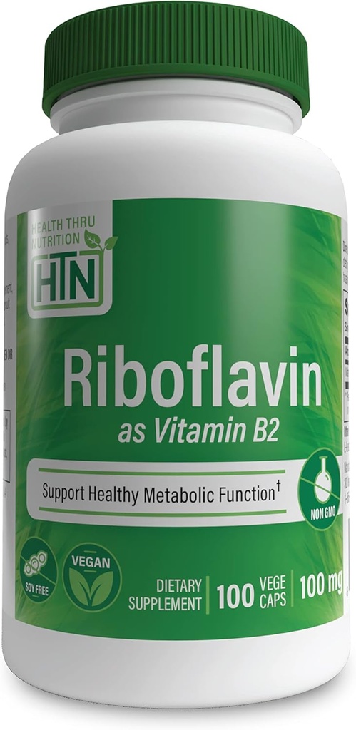 Health Thru Nutrition Riboflavin 100mg Vitamin B2 100 Vegecaps | Supports Healthy Energy Metabolic Function & Nervous System | 3rd Party Tested | Non-GMO Soy & Gluten Free Hypoallergenic