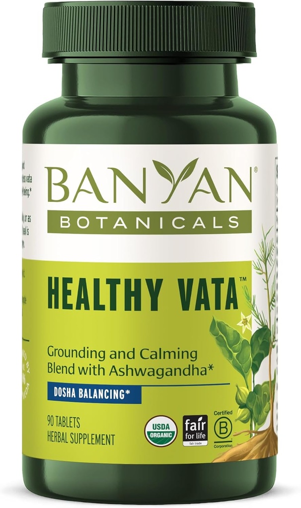 Banyan Botanicals Tervislik Vata – Orgaaniline taimsete toidulisand koos ashwagandha, Shatavari ja teiste ayurveda maitsetaimedega rahulikuks ja tasakaalustatud heaoluks * – 90 tabletti – mitte-GMO jätkusuutlikult hangitud vegan