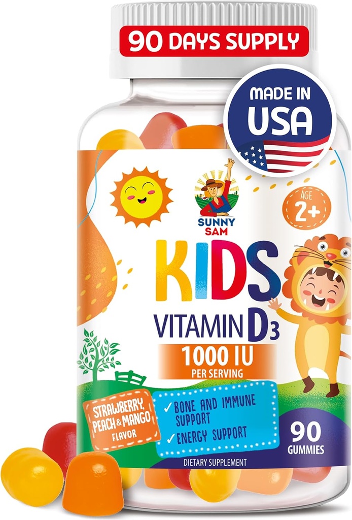 SUNNY SAM D3-vitamiini kummid 1000 RÜ lastele ja täiskasvanutele - loodusliku maitsega immuunsust toetavad närid - taimetoitlased, želatiin-vabad immuuntoe vitamiinid lastele