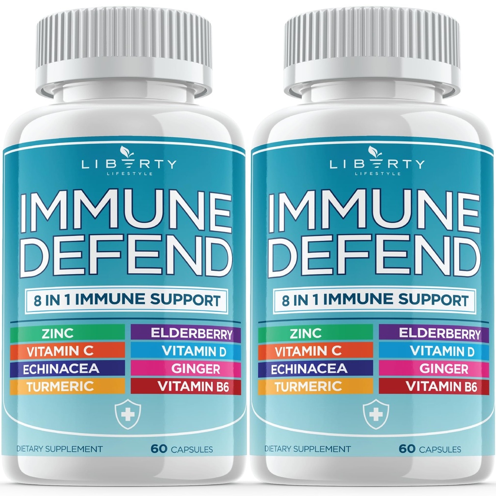 8 in 1 Immune Defense Support, Immunity Vitamins Supplement Booster koos Zinc 50mg, C-vitamiini Elderberry Vit D3 5000 IU, Kurkumiini ja ingveri, Echinacea - Allergia Abi lastele Täiskasvanud (2 Pack)