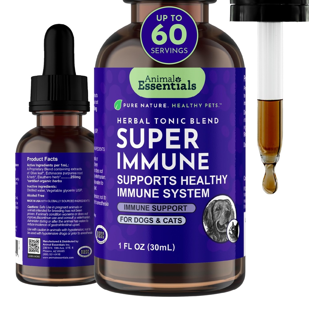 Animal Essentials Super Immune for Dogs & Cats - Immune System Support Supplement, Echinacea, Eleuthero, Olive Leaf Extract, Vedelad Tilgad - 1 Fl Oz