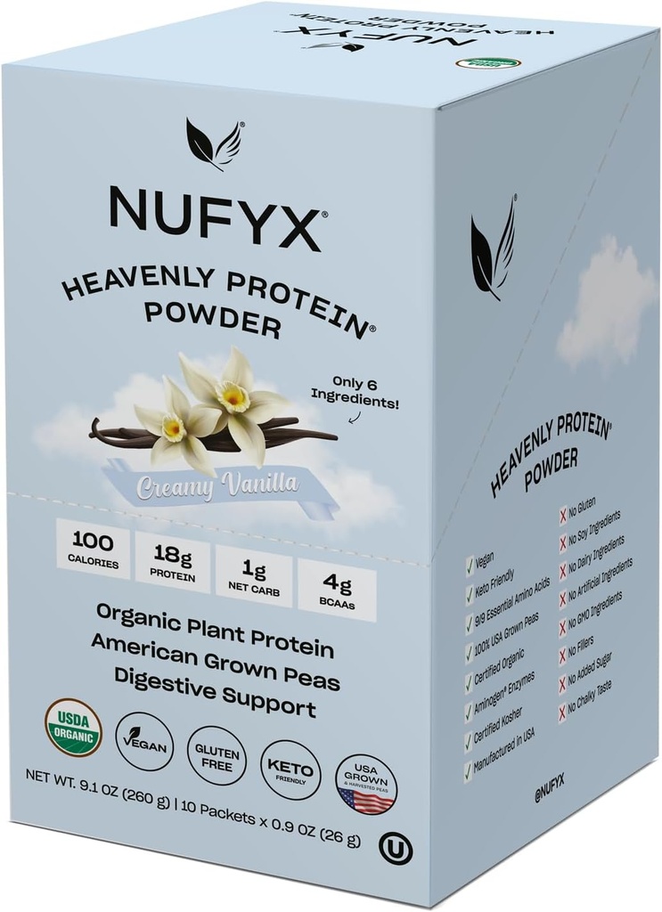 NUFYX® • Heavenly Protein® Powder • Maailma parimad 100% orgaanilised Ameerika kasvatatud herned • Vegan • Gluteenivaba • Low Carb (Creamy Vanilla, Box of 10 Packets)
