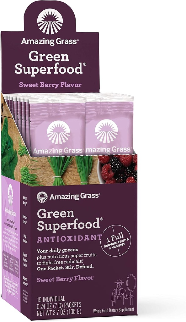 Amazing Grass Green Superfood Antioksüdant: Super Greens Pulber Spirulina, Elderberry & Probiootikumid, Sweet Berry, 15 Servings